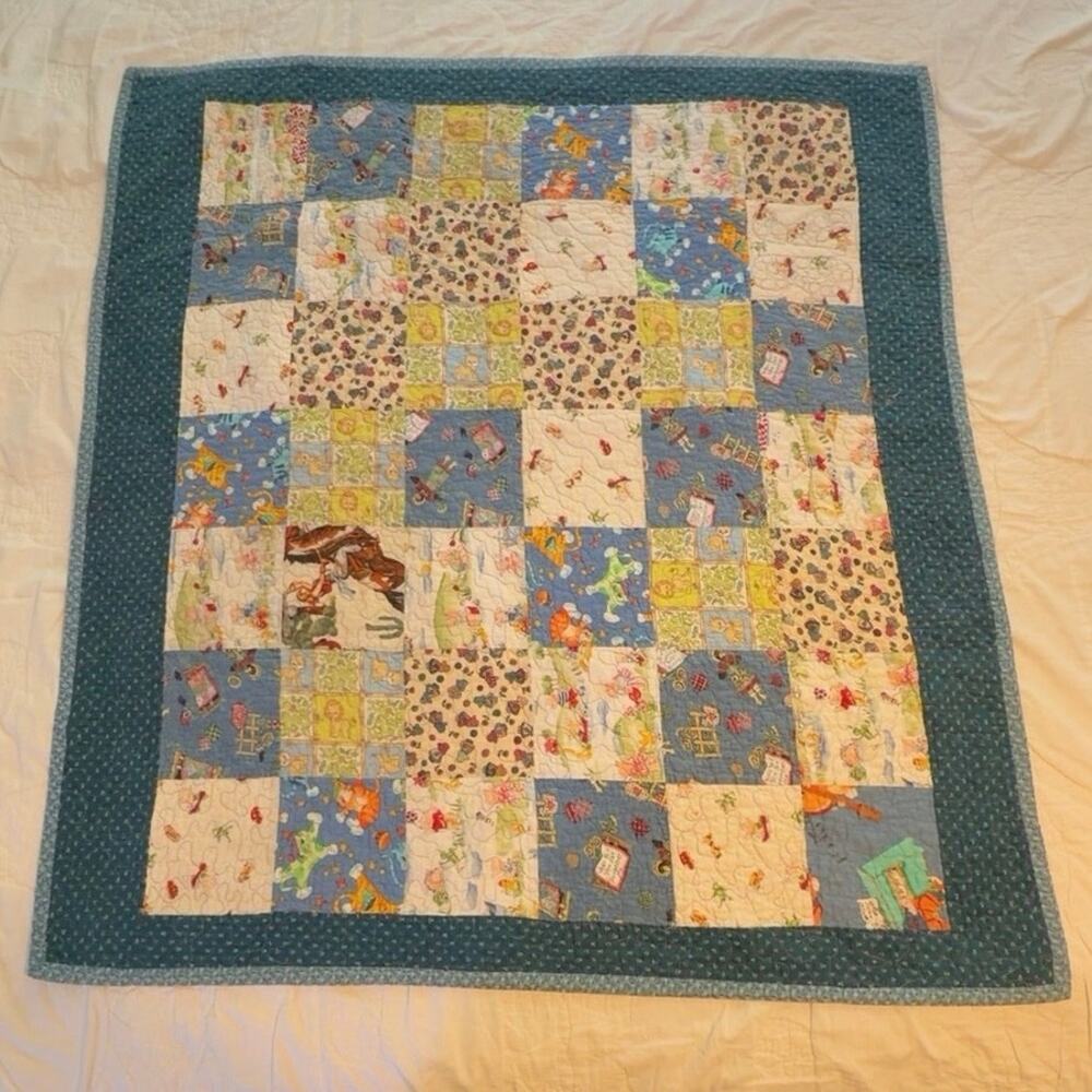 Handmade Patchwork Baby Lap Quilt Cats Sewing Music Fairy Back Teal 38x41